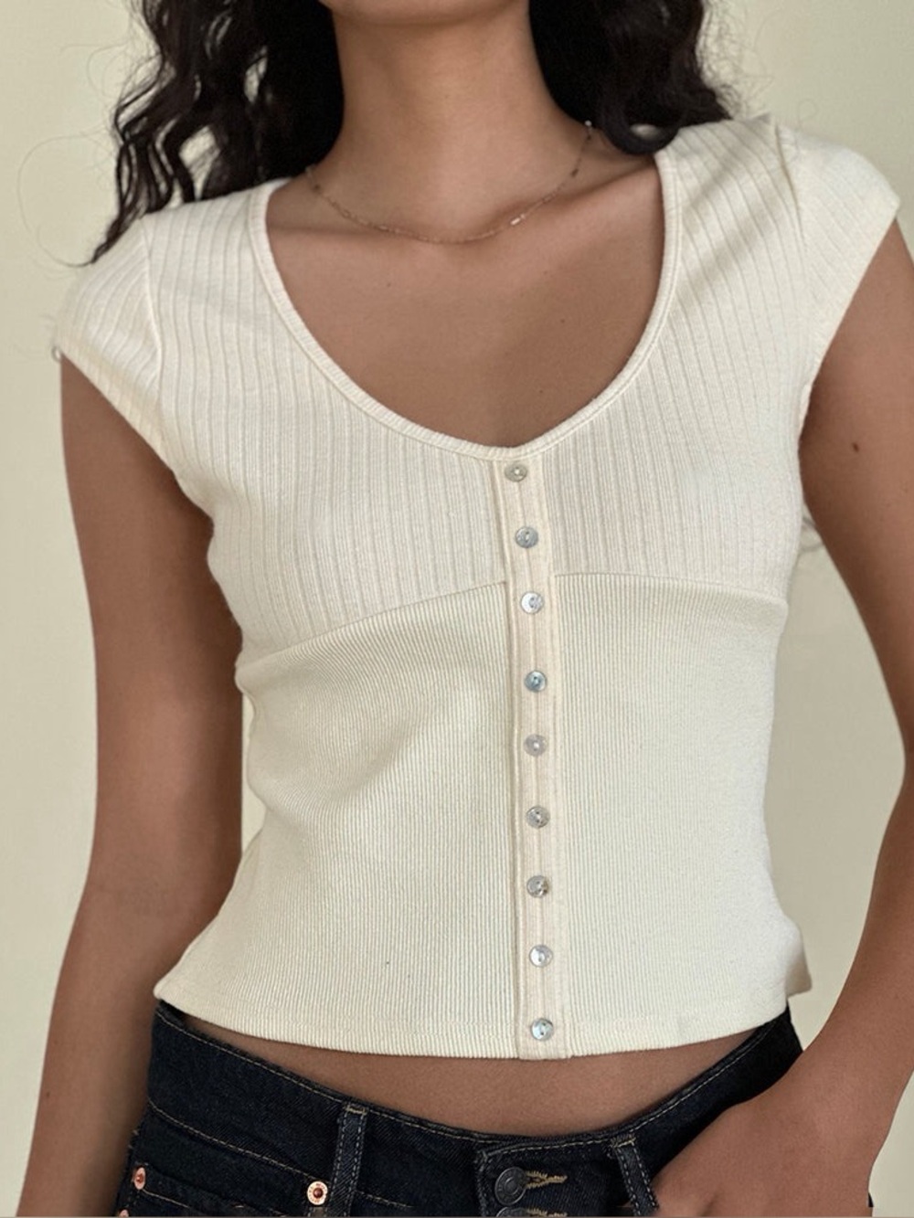 Motel Rocks Cream Ribbed Button Front Knit Top - Picture 3 of 7